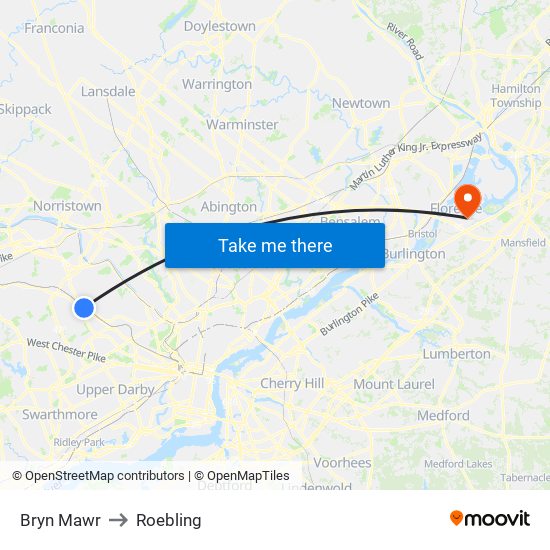 Bryn Mawr to Roebling map