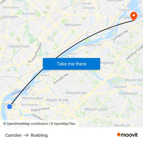 Camden to Roebling map