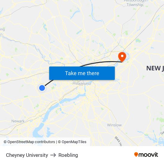 Cheyney University to Roebling map