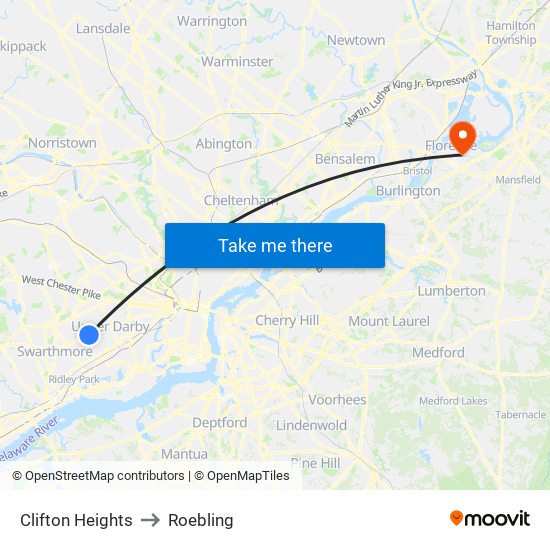 Clifton Heights to Roebling map