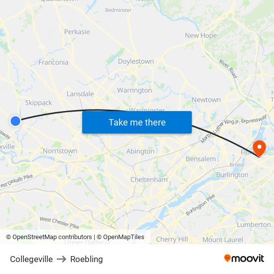 Collegeville to Roebling map