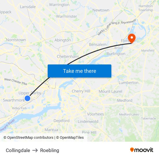 Collingdale to Roebling map