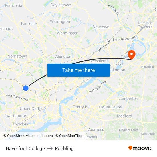 Haverford College to Roebling map