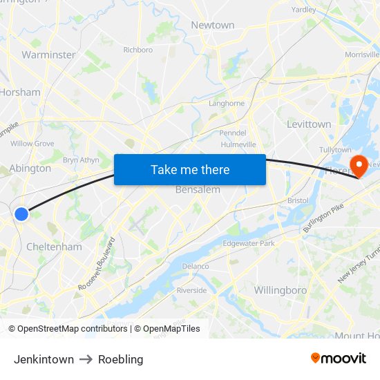 Jenkintown to Roebling map