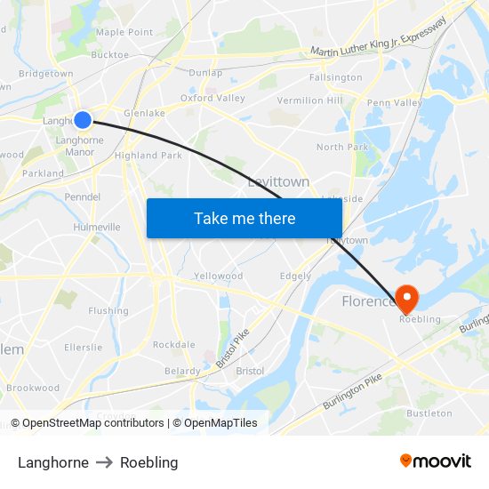 Langhorne to Roebling map