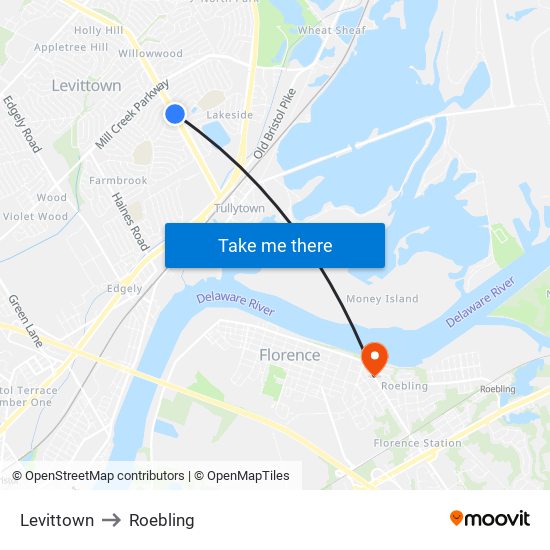 Levittown to Roebling map