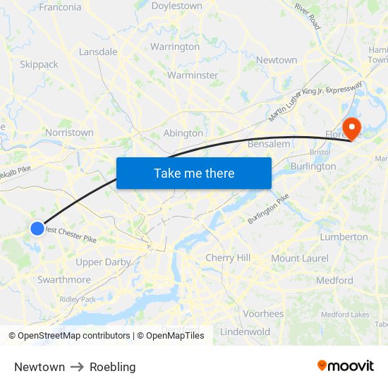 Newtown to Roebling map