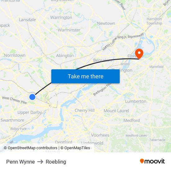 Penn Wynne to Roebling map