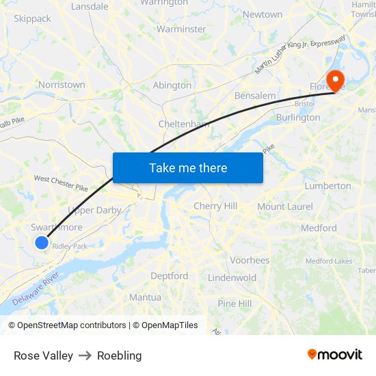 Rose Valley to Roebling map