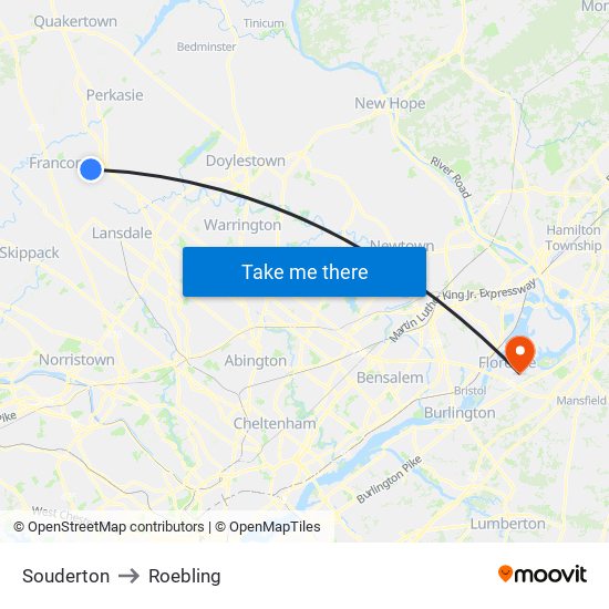Souderton to Roebling map