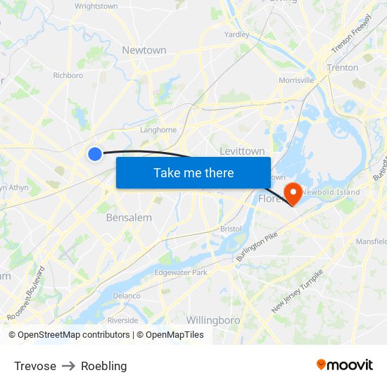 Trevose to Roebling map