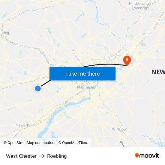 West Chester to Roebling map