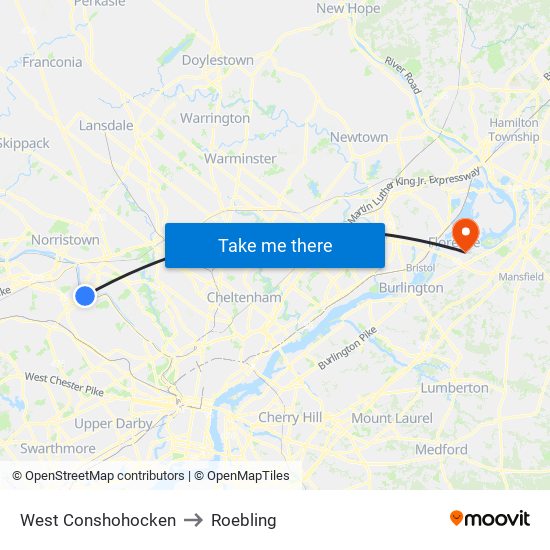 West Conshohocken to Roebling map