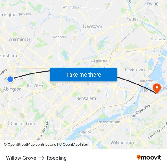Willow Grove to Roebling map