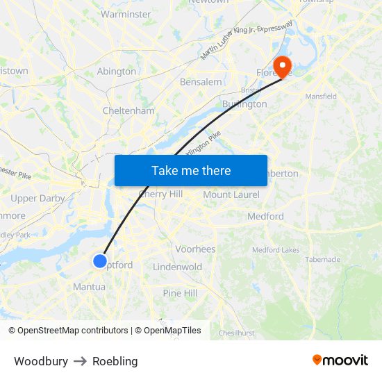Woodbury to Roebling map