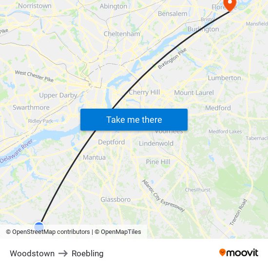 Woodstown to Roebling map