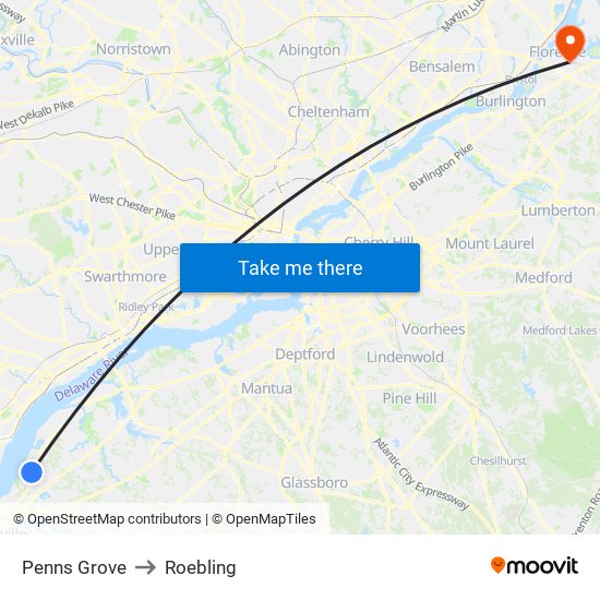 Penns Grove to Roebling map