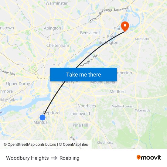 Woodbury Heights to Roebling map