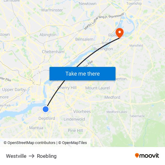 Westville to Roebling map