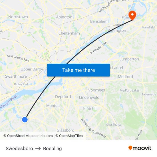 Swedesboro to Roebling map