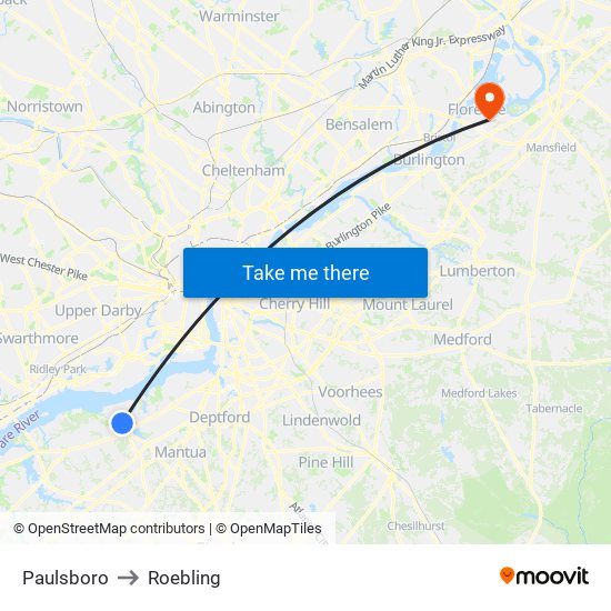 Paulsboro to Roebling map