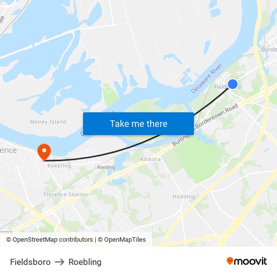 Fieldsboro to Roebling map