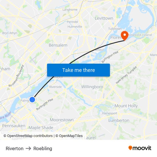 Riverton to Roebling map
