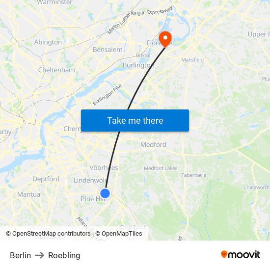 Berlin to Roebling map