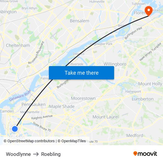 Woodlynne to Roebling map