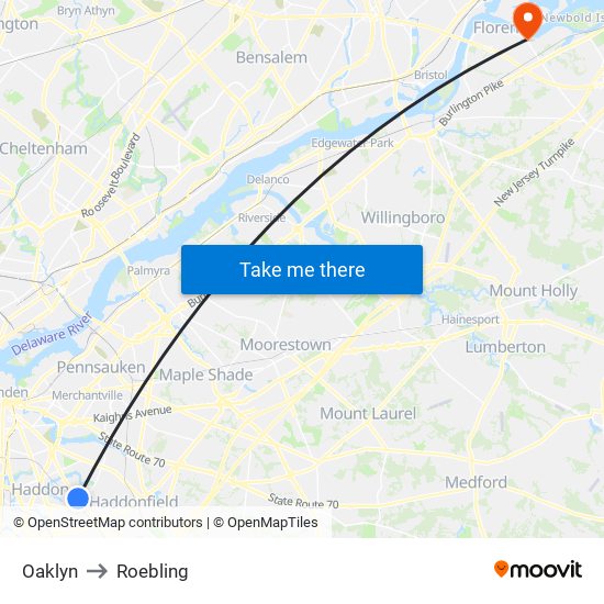 Oaklyn to Roebling map