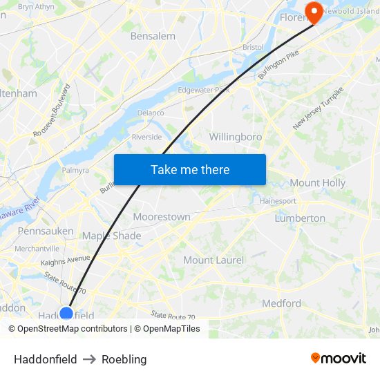 Haddonfield to Roebling map