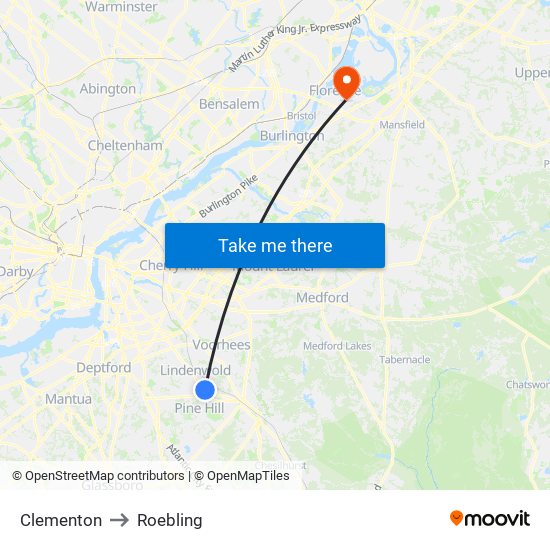 Clementon to Roebling map