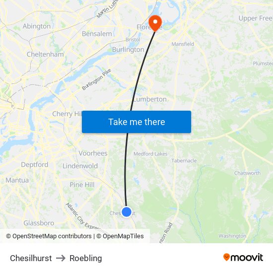 Chesilhurst to Roebling map