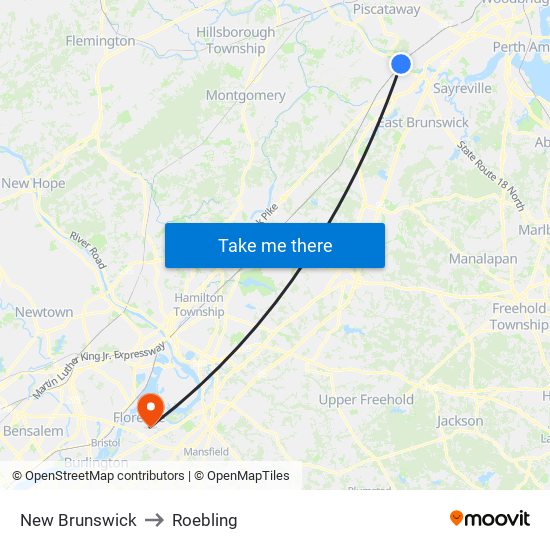 New Brunswick to Roebling map