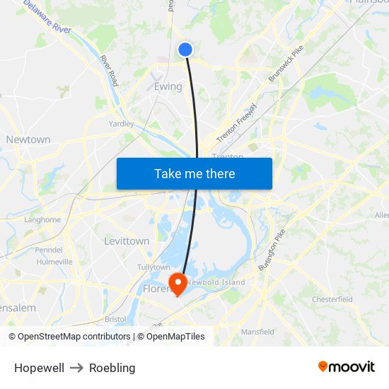 Hopewell to Roebling map