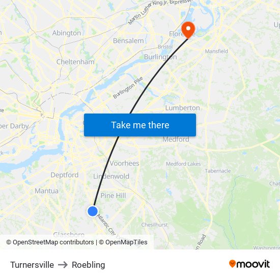 Turnersville to Roebling map