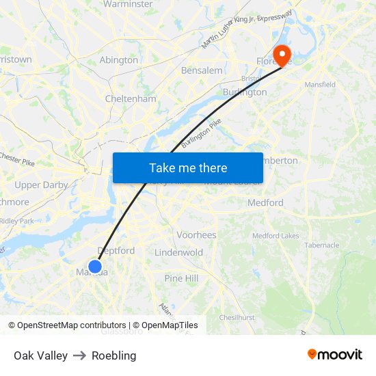 Oak Valley to Roebling map