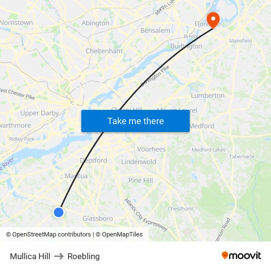 Mullica Hill to Roebling map