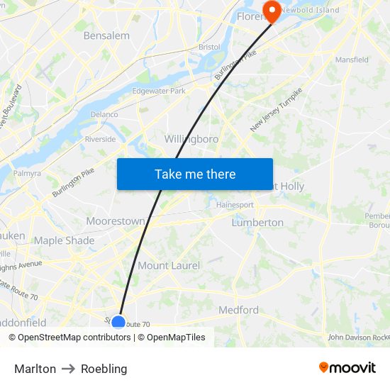 Marlton to Roebling map