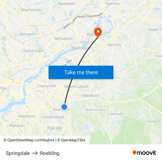 Springdale to Roebling map