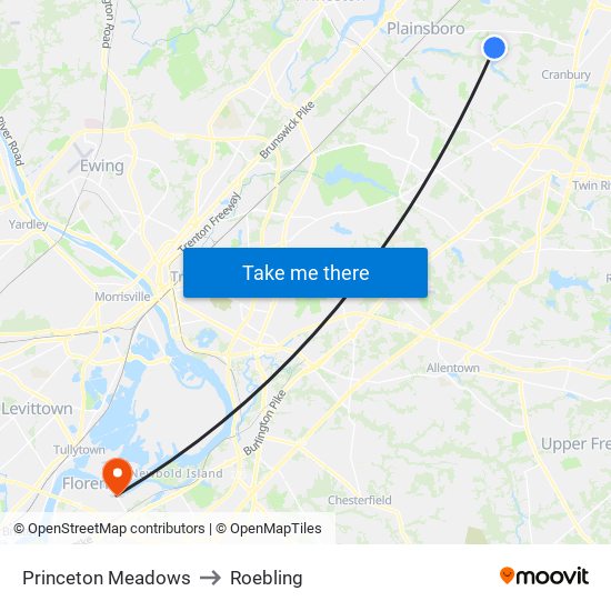 Princeton Meadows to Roebling map