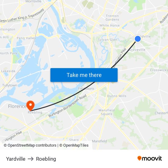 Yardville to Roebling map