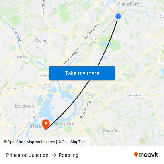 Princeton Junction to Roebling map