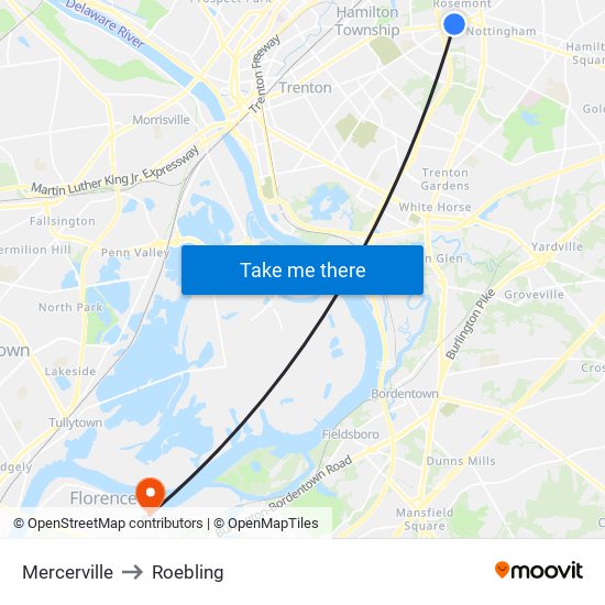 Mercerville to Roebling map