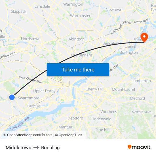 Middletown to Roebling map