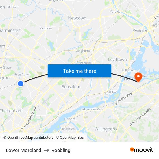 Lower Moreland to Roebling map