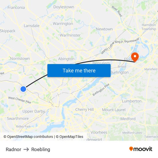 Radnor to Roebling map