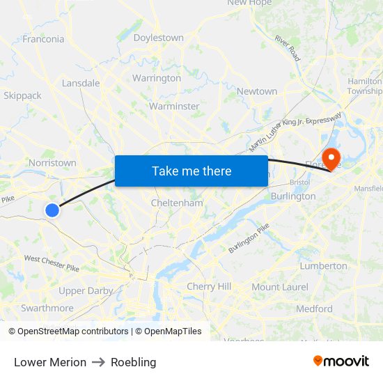 Lower Merion to Roebling map