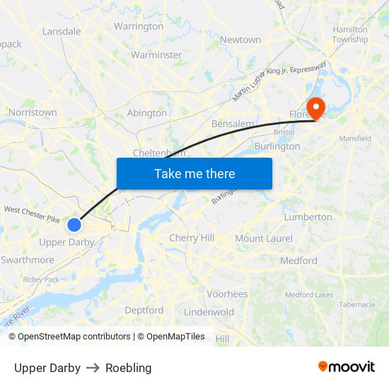 Upper Darby to Roebling map