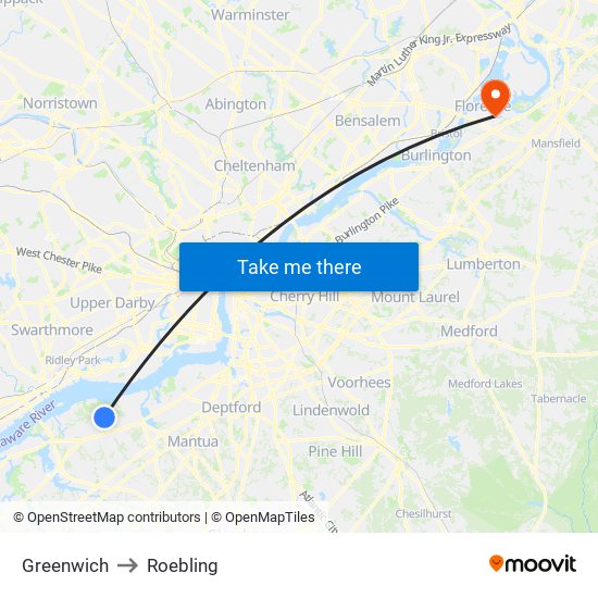 Greenwich to Roebling map